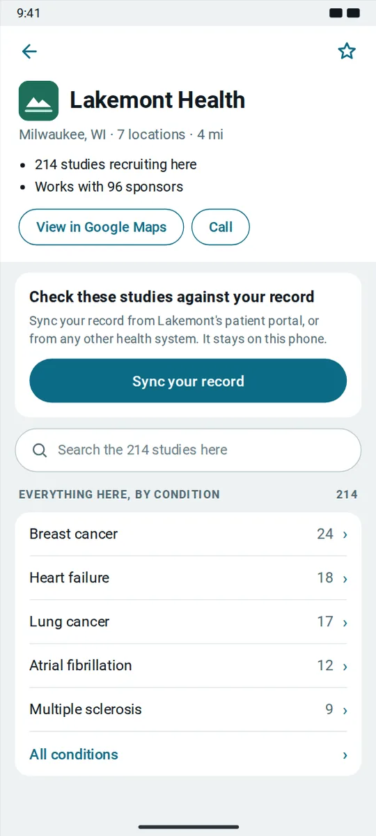 A health system's page in the app: its studies grouped by condition, a search, and a button to sync a record. The health system is an example.