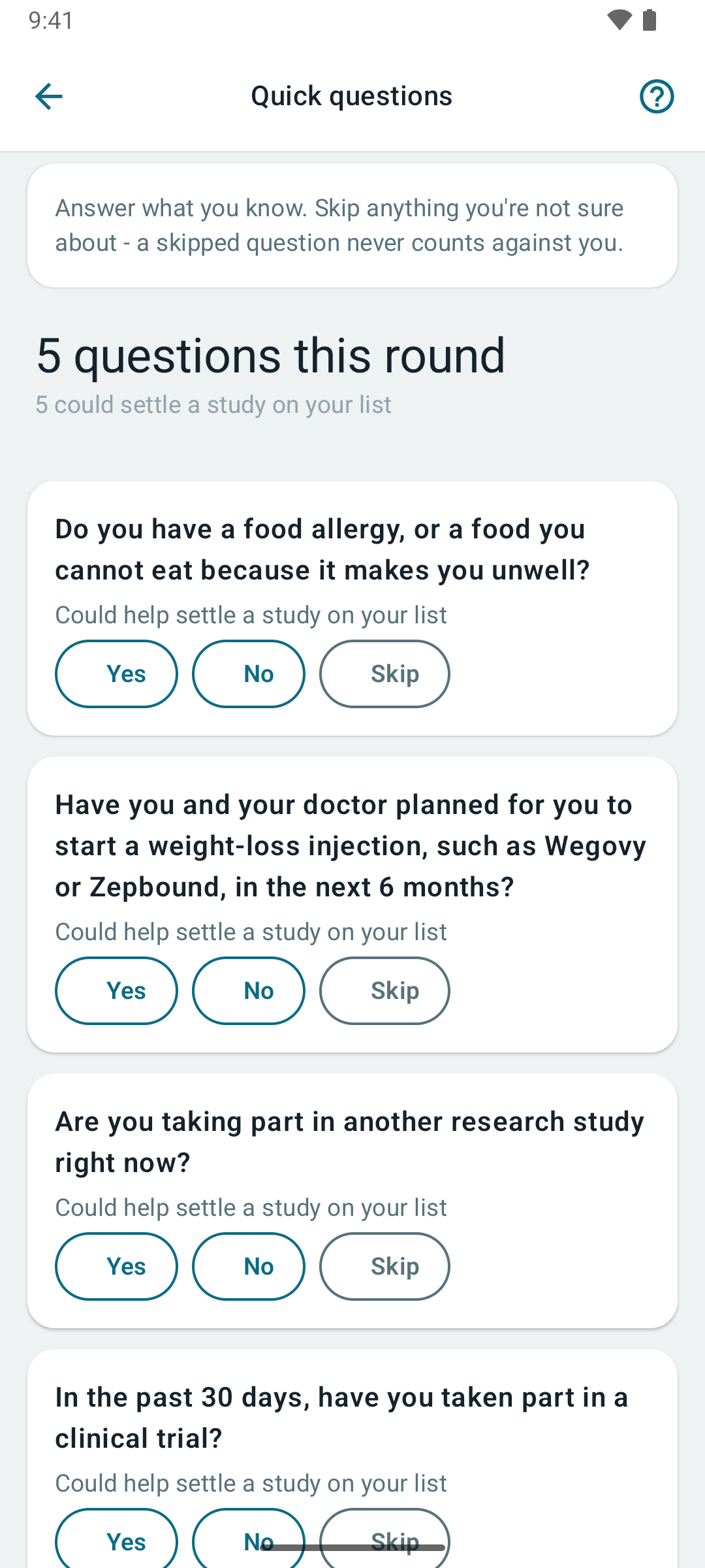A round of Quick Questions, answered yes, no or skip
